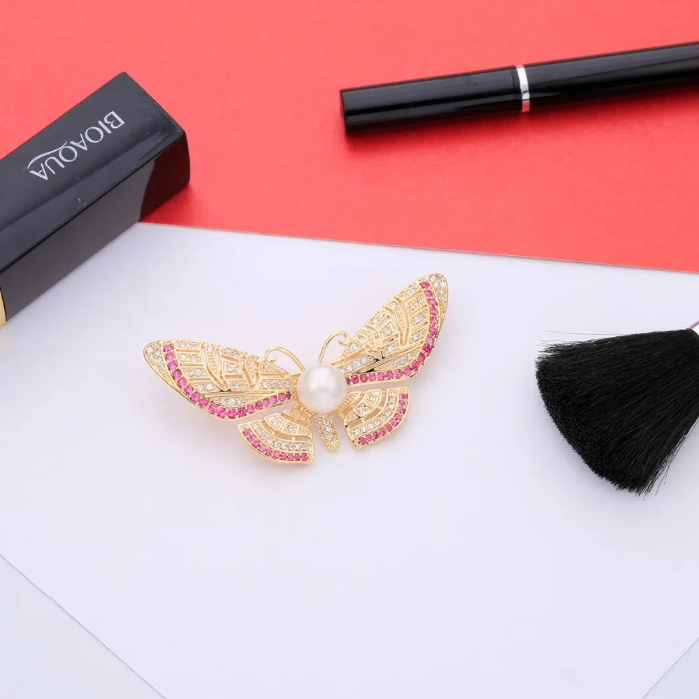 Красочный жемчуг Бабочка Брошь для женщин золото и красный кристалл милые