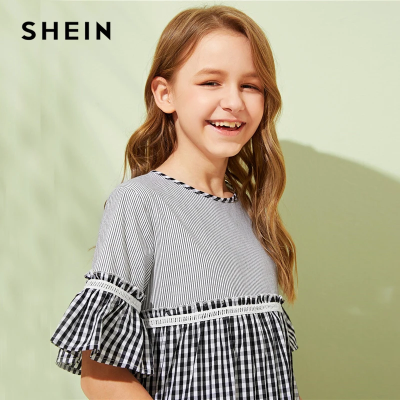 SHEIN Kiddie/Платье-туника в мелкую клетку и полоску для девочек г., Летние Повседневные платья-миди с оборками, рукав-Волан
