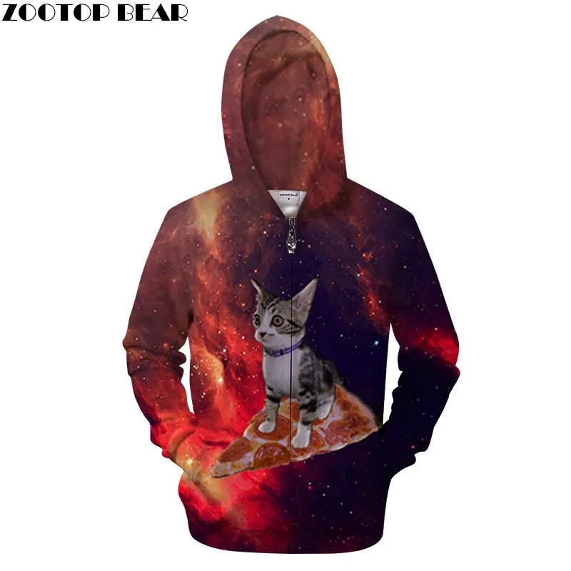Кошка пицца Толстовки с капюшоном на молнии Для мужчин 3d Толстовка худи
