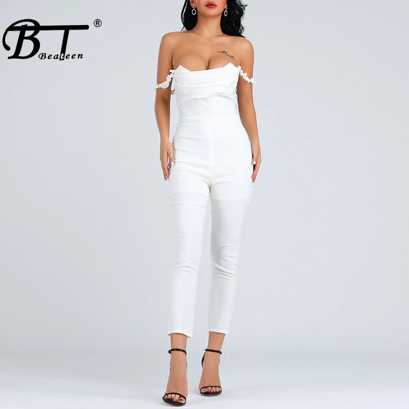 

Beateen 2019 Summer New Fashion Women Sexy V Neck Strapless Backless Off Shoulder Outfit Party Club Runway Skinny Jumpsuit