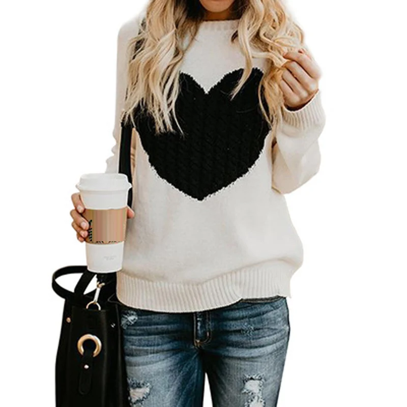 Fashion streetwear Autumn and Winter oversized sweater long sleeve Peach heart knitted O-Neck women sweaters pullovers | Женская одежда