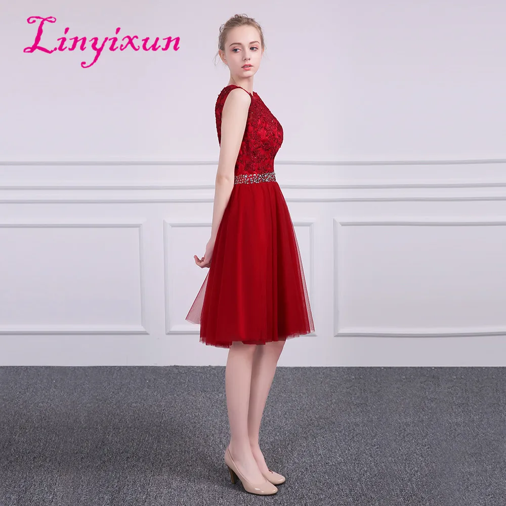 Linyixun New Short Prom Dresses Red Lace Homecoming 2018 Tulle With Appliques Crystal Beads Belt Cocktail Dress | Свадьбы и