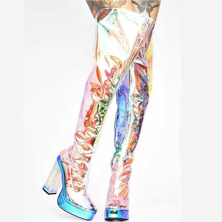 Прозрачные высокие летние сапоги до бедра женские с высокой талией Яркая обувь