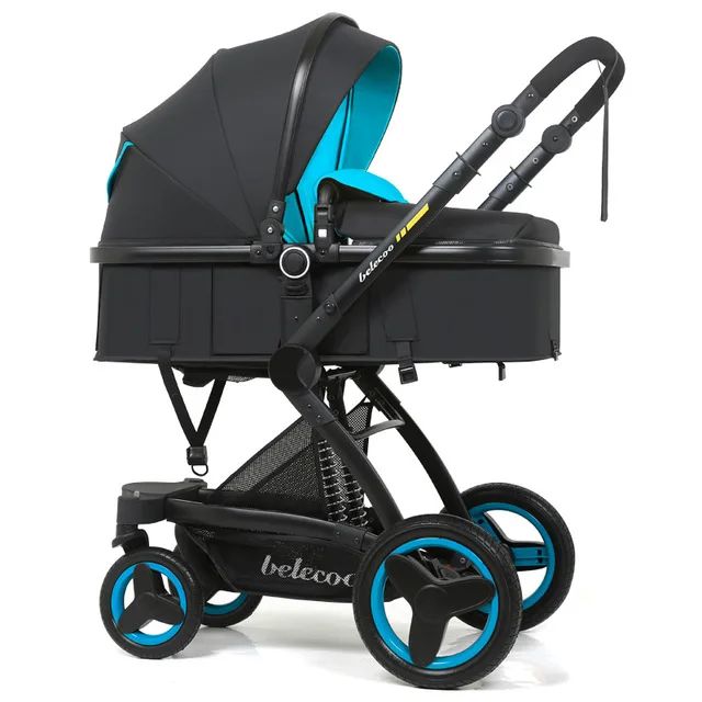 blue with black Роскошная детская коляска прогулочная 3 в 1 модная коляска Европейская коляска для лежа и сидения - Цвет: blue with black