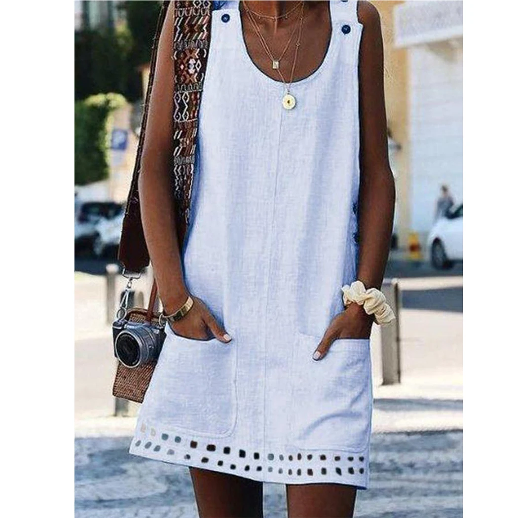 Женское хлопковое льняное платье летнее без рукавов с карманами и пуговицами