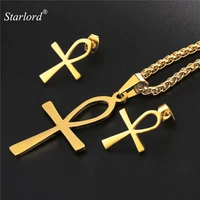 ankhcrux ansata cross key of the nile necklacestud earrings stainless steelgold color egyptian symbol jewelry set gpe2124