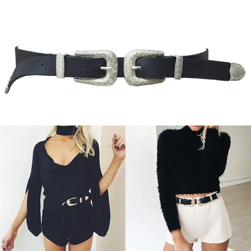 Для женщин богемный ремень Винтаж Металл кожа двойной пряжки ремня пояс Ceinture Femme