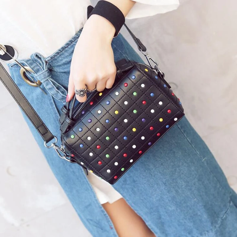 Diamonds Handbags High Quality Small Tote Boston Rivet Bags PU Leather Women Shoulder Bag Top-handle sac a main 2019 New LW-138 | Багаж и