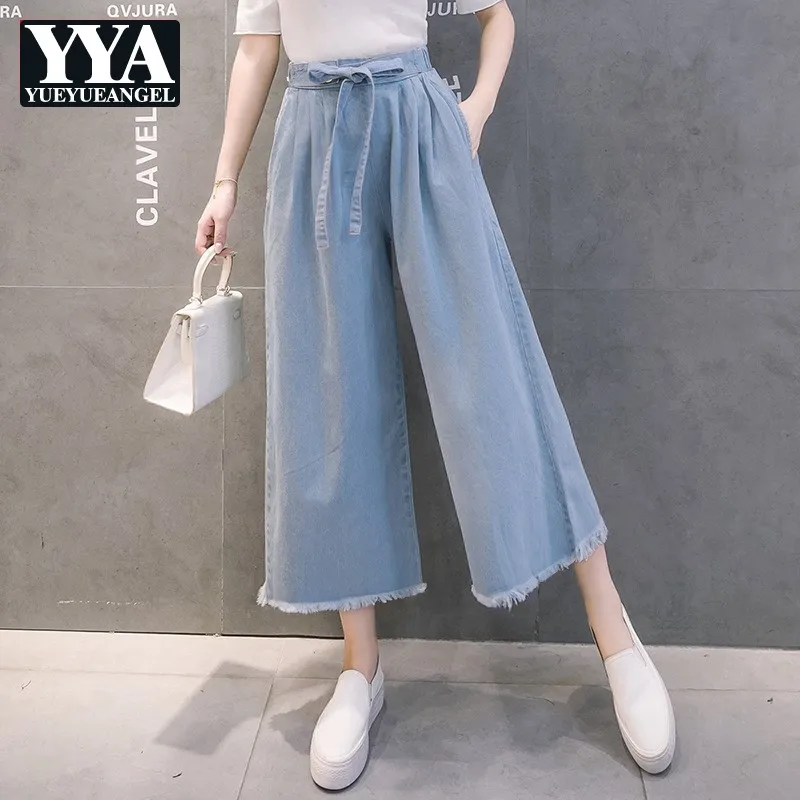 Джинсы женские с завязками и бахромой повседневные свободные штаны до щиколотки