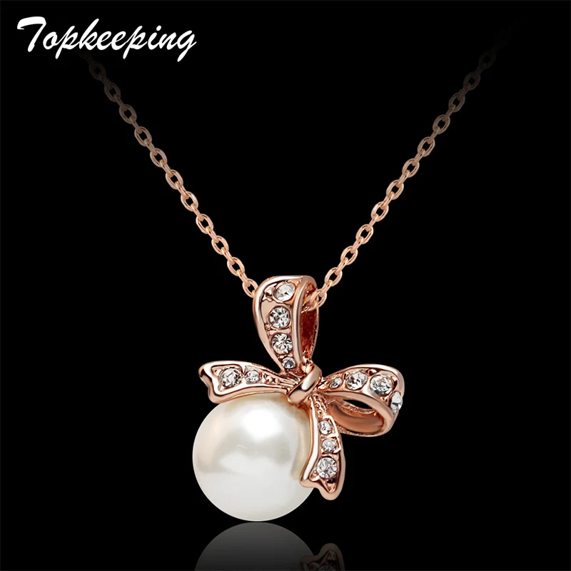 Topkeeping элегантный белый/золотой Цвет со стразами бантом Имитация Жемчуга Кулон