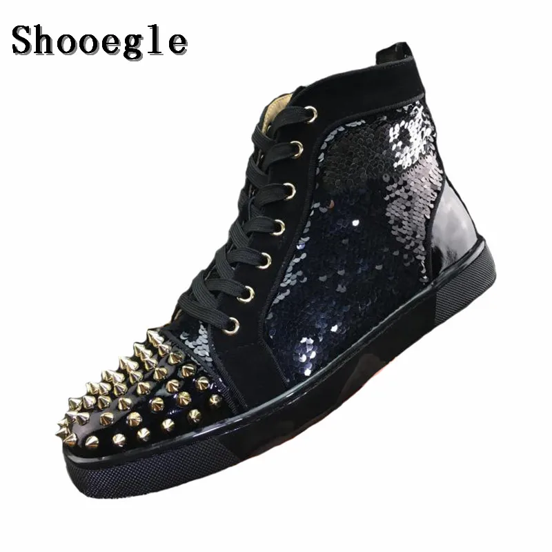 SHOOEGLE/Новинка; Мужская обувь с заклепками и блестками; модные заклепки; мужские высокие кроссовки; Эспадрильи на шнуровке; повседневная обувь на плоской платформе; EU39-47
