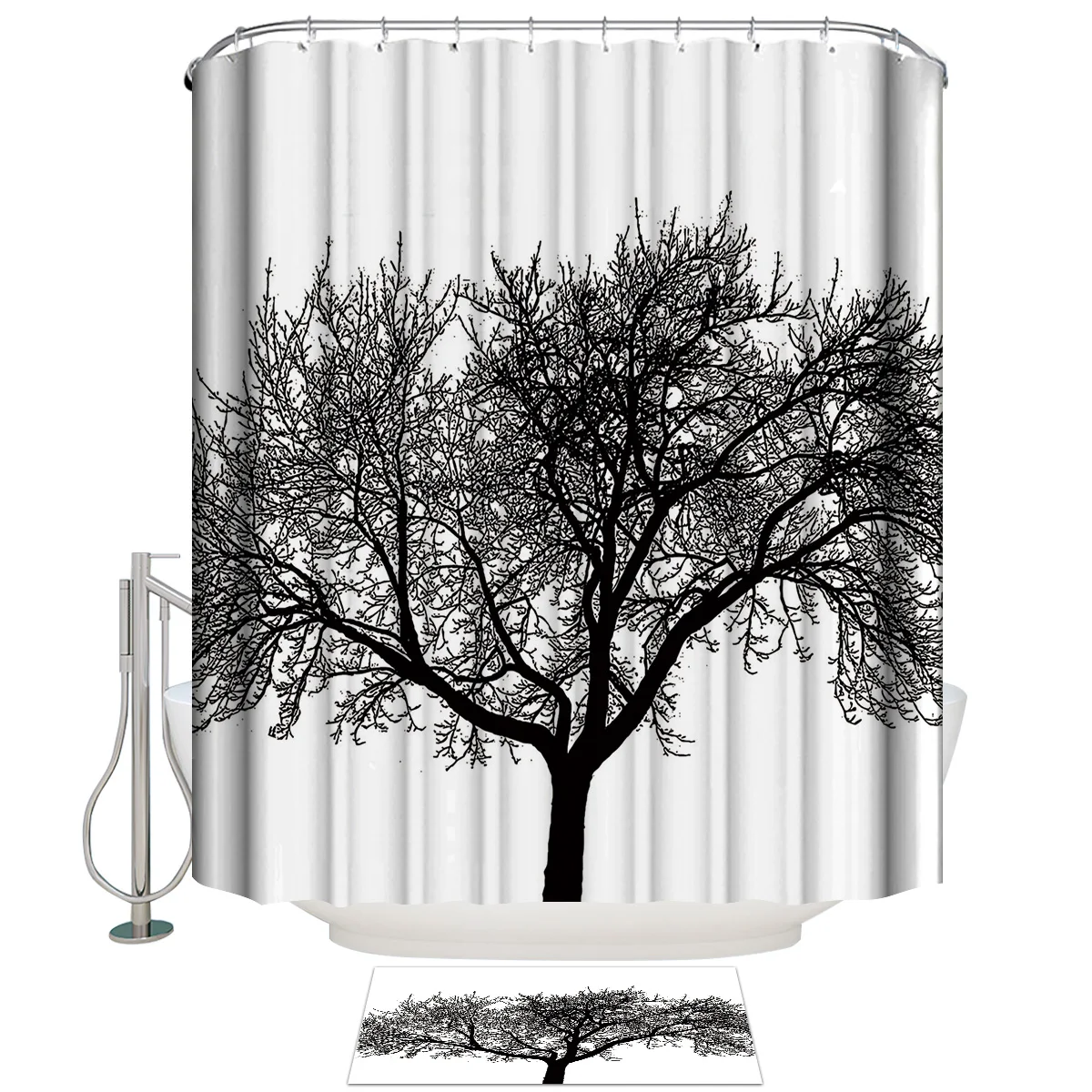 Набор для душа с черно белыми деревьями набор ванной ковриком и душевой