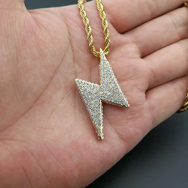 Hip Hop Bling flash Lightning Pendants with full zircon 316L Stainless Steel Jewelry for men free Chain Necklace Dropshipping | Украшения и