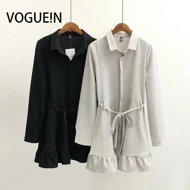 Женское платье рубашка VOGUEIN черное/бежевое мини с длинным рукавом и оборками