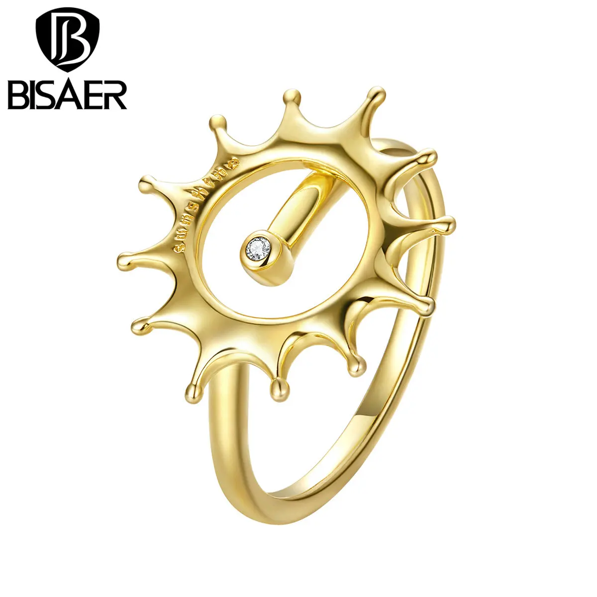 

BISAER Designer Clear CZ Gold Color Sun Open Adjustable Finger Rings Women Chic Fashion Jewelry Bijoux Valentine Gifts GSR192