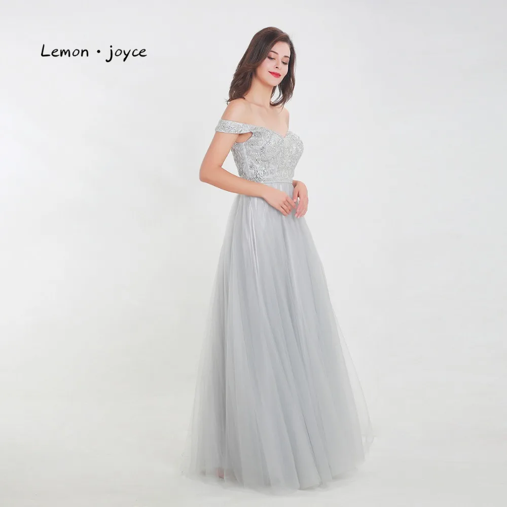 Шифоновые вечерние платья Lemon joyce серые Элегантные с открытыми плечами и бисером