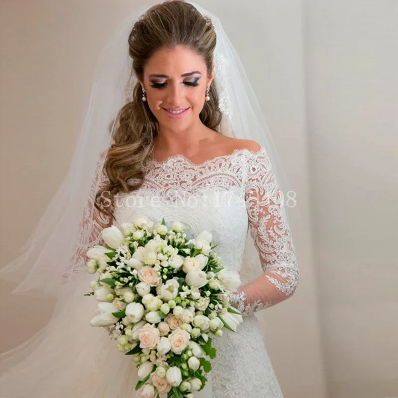 Vestidos De Noiva Мода Sexy Лодка Шеи A Line Аппликации Кружева Свадебные Платья С Длинными