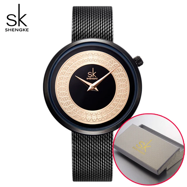 Black Watch Женские Модные 7,5 мм Ультра тонкие часы из розового золота Женские кварцевые часы женские элегантные платья женские Shengke Лидирующий бренд Montre Femme - Цвет: Black Watch