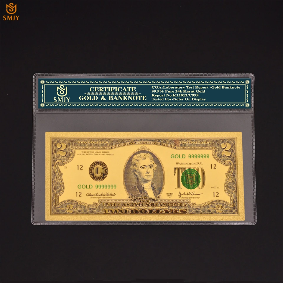 Hot Sale Color US Currency Paper 2 dollar banknotes In 24k Gold Money Fake Banknotes Collections And Fun Gift