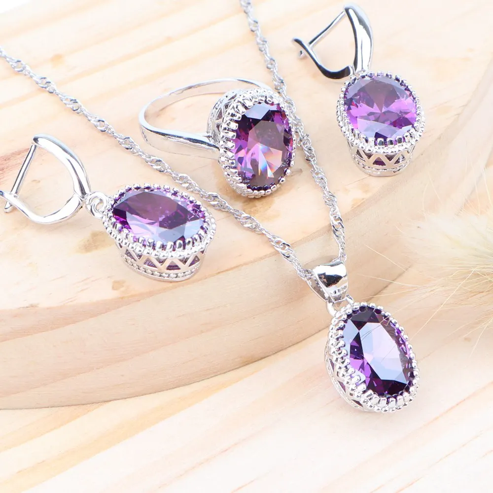 Purple Свадебные женские серебряные Ювелирные наборы 925, циркониевое детское ювелирное изделие кольцо для костюма серьги ожерелье кулон набор ювелирных изделий - Окраска металла: Purple
