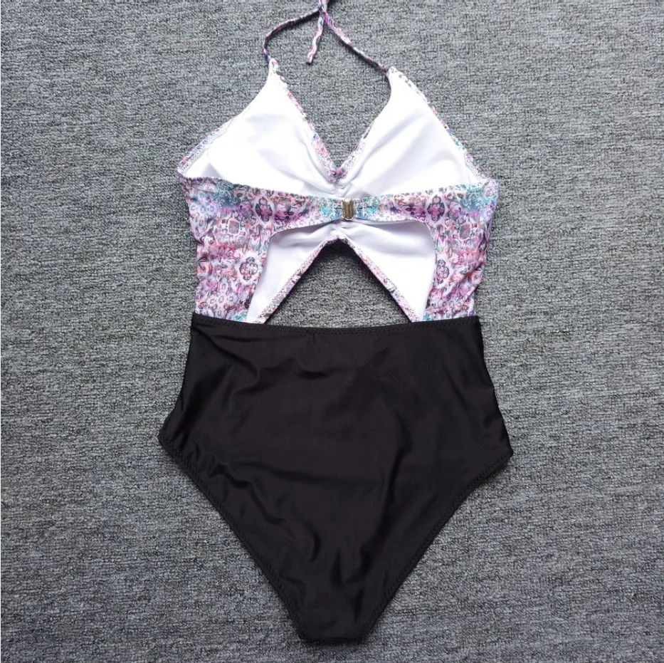 Sexy Women Hollow Cut Out Bodysuit Swimwear Bathing Suit High Waist Monokini Jumpsuit Print Beachwear Halter Neck Swimming | Спорт и