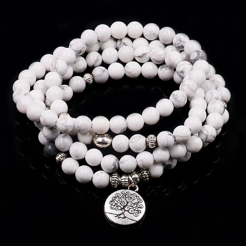 

108 White Howlite Mala with Lotus Pendnent Natural Stone Beaded Bracelets for Men and Women Chakra Modern Yoga Zen Jewelry