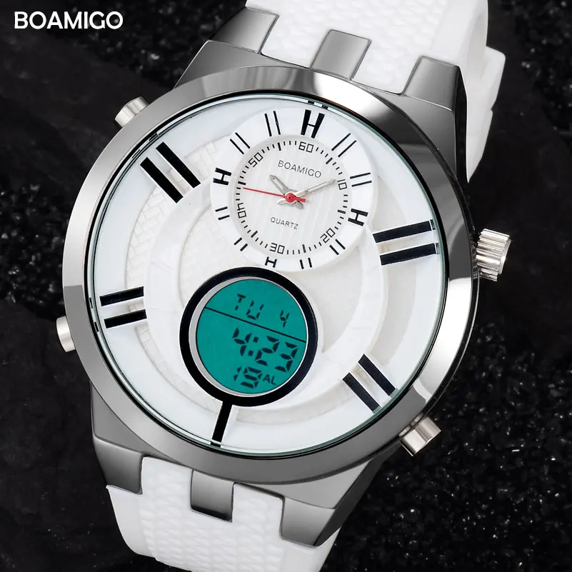 Мужские часы BOAMIGO армейские кварцевые с двойным дисплеем белые резиновые в