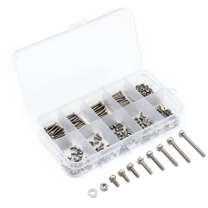 

320Pcs M2 Hexagon Socket Head Cap Screws 304 Stainless Steel Bicycle Hex Bolts Flat Washer Assortment Kit