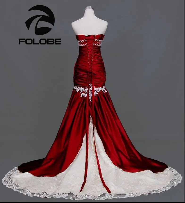 

Vestido De Novia Custom Made Ivory&Red Sweetheart Appliques Lace Pleated Mermaid Taffeta Wedding Dresses Open Back Bridal Gowns