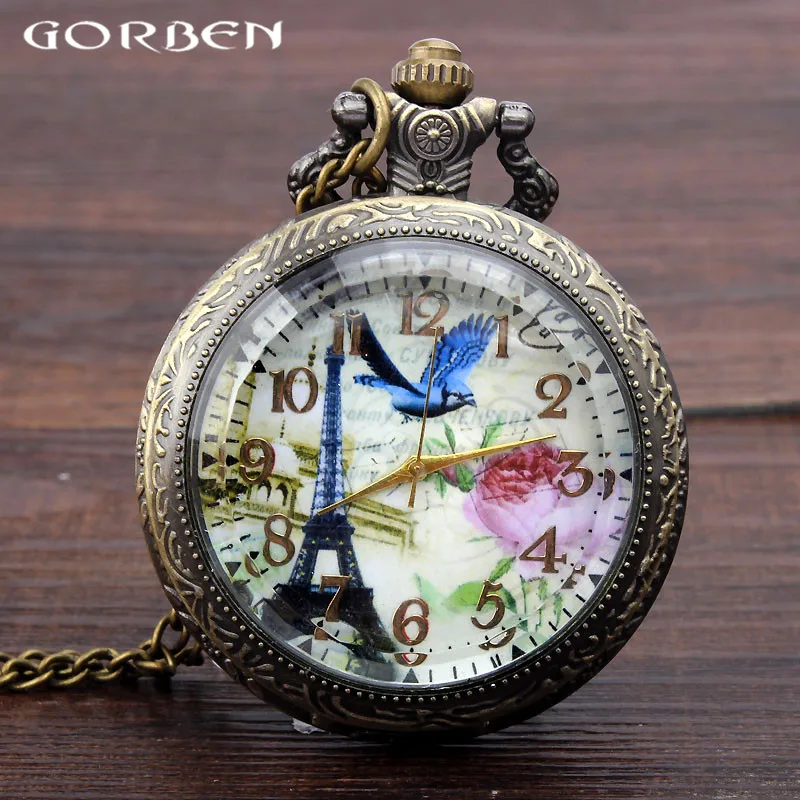 Античная Эйфелева башня Любовь Птица цветок полый кварцевый Карманный