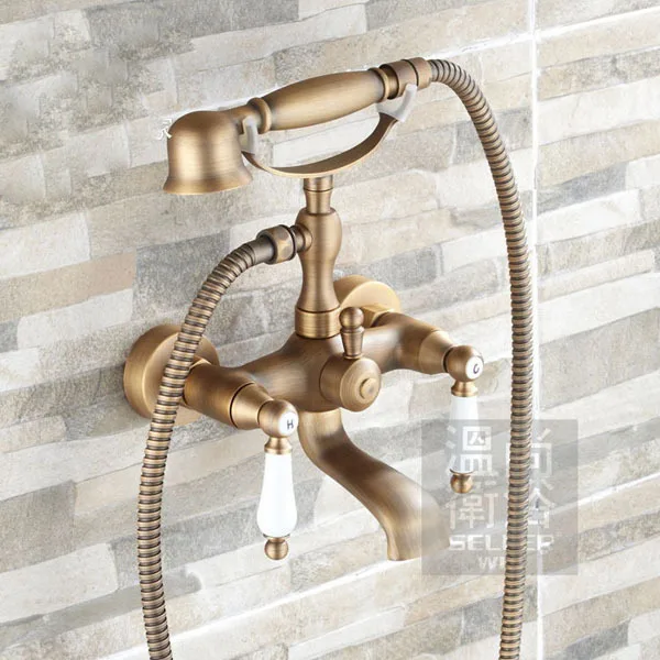 Античная латунь Ванна кран настенное крепление Смеситель с ручной душ/держатель