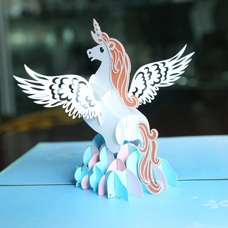Мультфильм животных Единорог 3D стереоскопические приглашения карты Лазерная резка праздничные товары для вечеринки, дня рожденья Рождество День Святого Валентина Декор