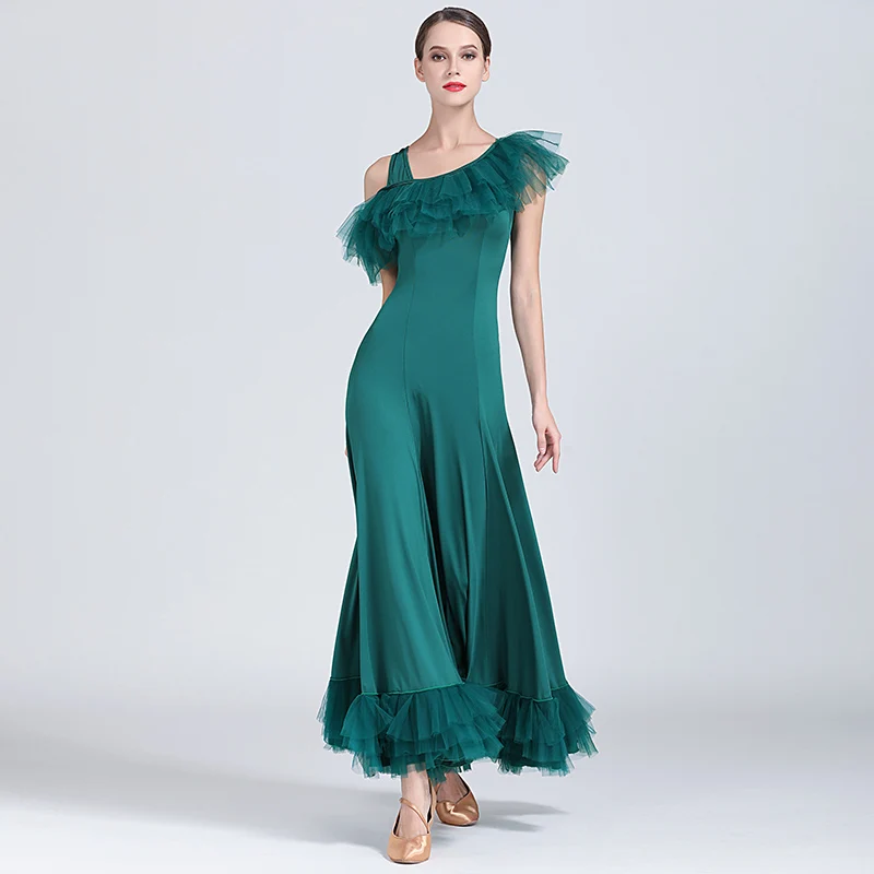 green inclined shoulder dancing clothes ballroom waltz dresses standard dress Foxtrot modern dance flamenco | Тематическая одежда