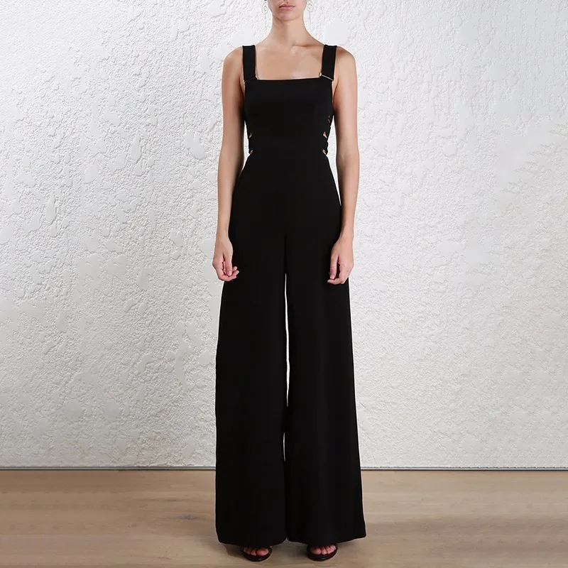black TWOTWINSTYLE женские Комбинезоны на подтяжках, с открытой спиной, с высокой талией, длинные широкие штаны для женщин,, Весенняя мода, новинка, OL - Цвет: black
