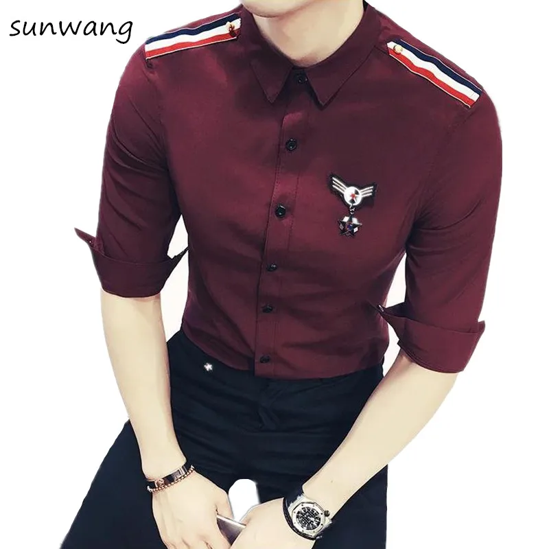 British Harajuku Mens Shirts Medal Designer Pink Camisa Social Slim Fit Dress Blouse Men Short Sleeve Casual Shirt Plus Size 5XL | Мужская