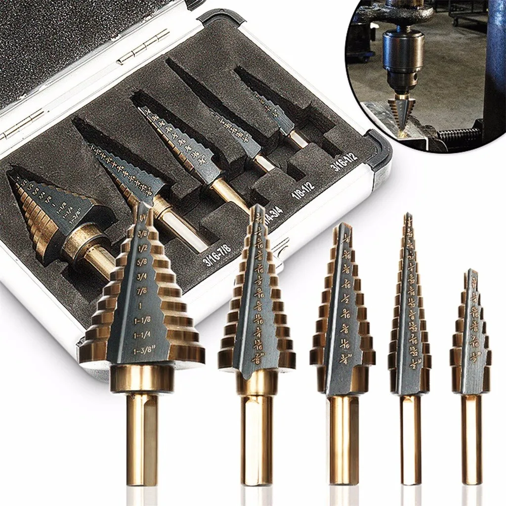 New Arrivals 5PCS HSS Large Hole Titanium Cone Step Drill Bit Cutter Set Tools Case Best Selling Dropshipping