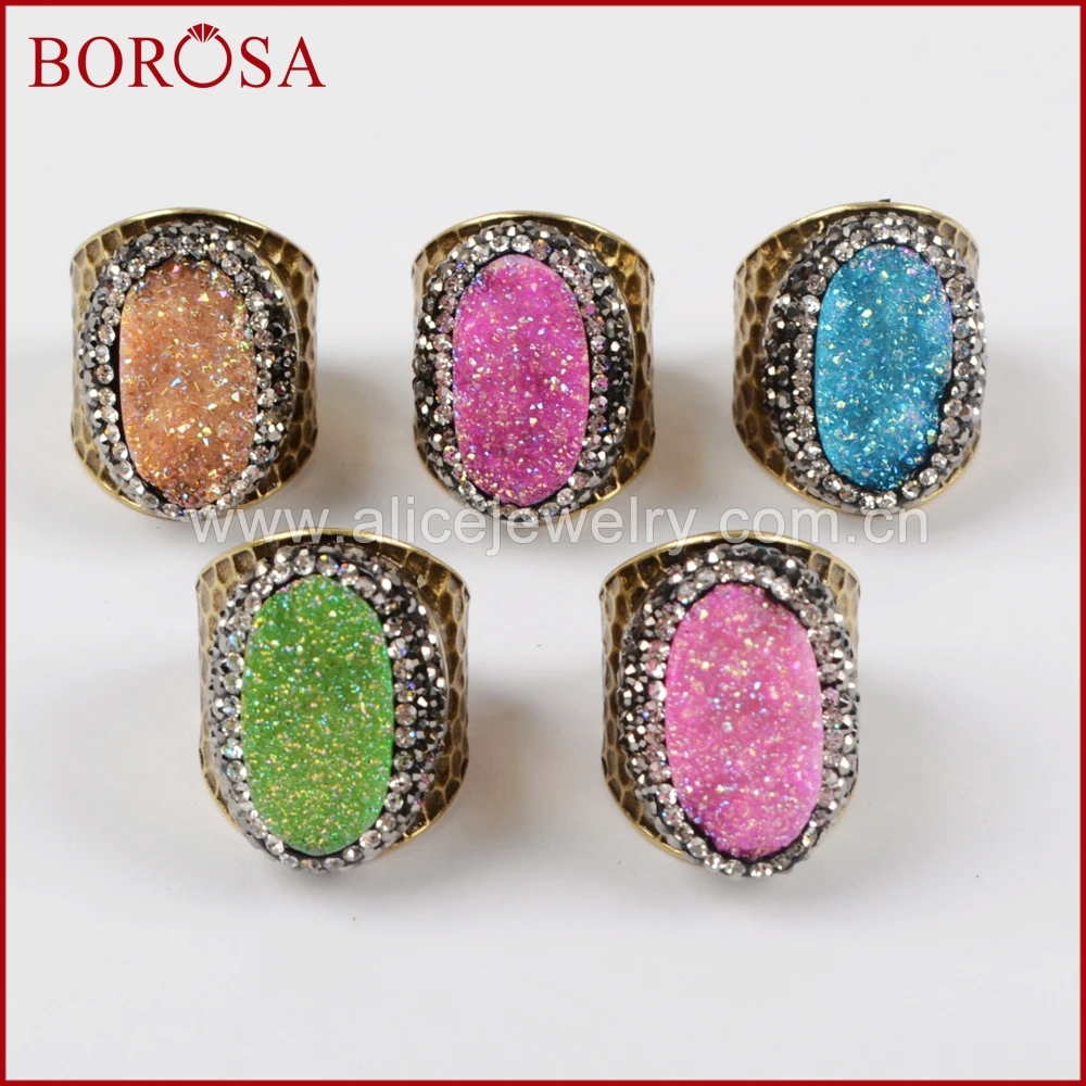 

BOROSA New Druzy Ring Gems Oval Titanium Rainbow Drusy Party Ring,With Crystal Rhinestone Pave Gold Plated Band Ring for Women