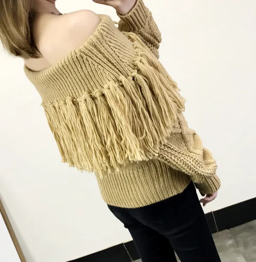 Wicky Autumn Winter New Solid Color Sweaters One Word Neck Long Sleeve Tassel Sexy Temperament Wild Sweater Female | Женская одежда