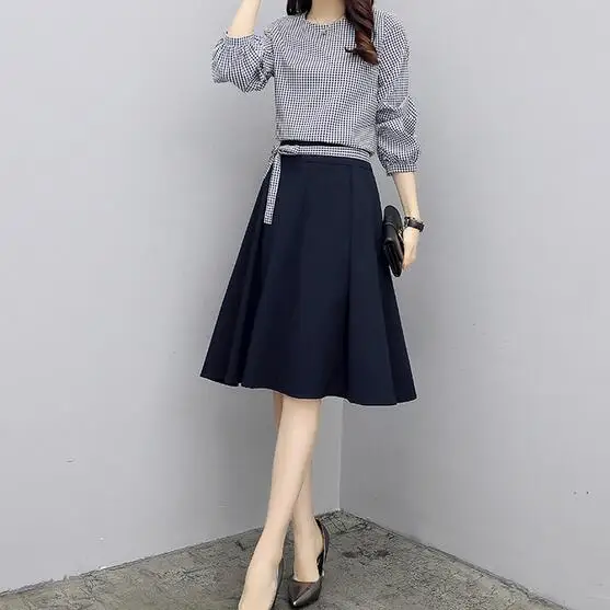 Комплект из 2 предметов с клетчатым рукавом фонариком и юбкой Saia Midi Jupe Femme Conjunto