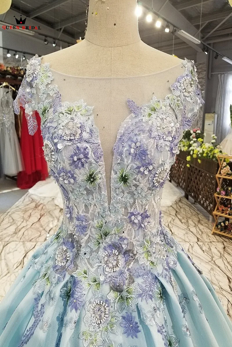 Sky Blue Satin Flowers Appliques Crystal Luxury Long Evening Dresses 100% Real Gown 2021 Vestido De Festa KC602 | Свадьбы и