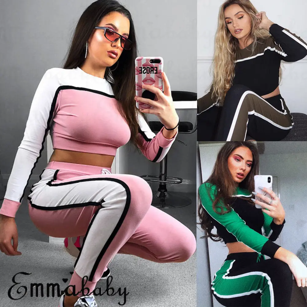 

Two piece set Women Tracksuit Elegant Fashion Ladies Workout suit Striped Crop top and pant Leggings autumn ensemble 2 piece Set
