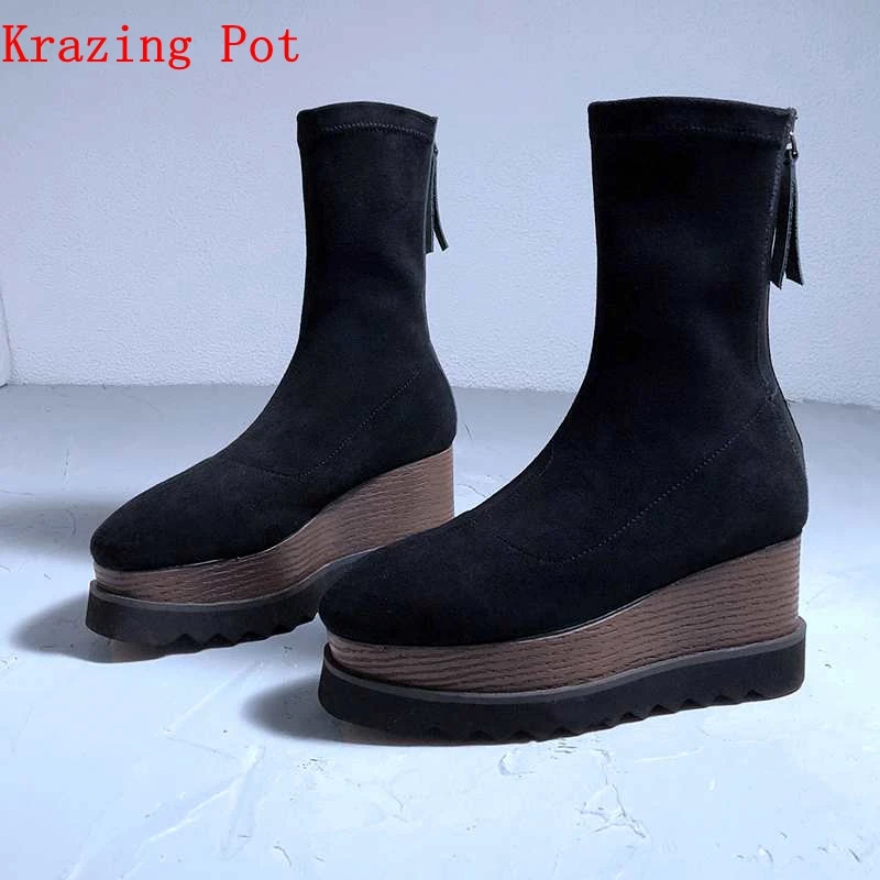 Krazing Pot/повседневные растягивающиеся зимние ботинки до середины икры из натуральной кожи и бархата в винтажном стиле в европейском стиле; L92