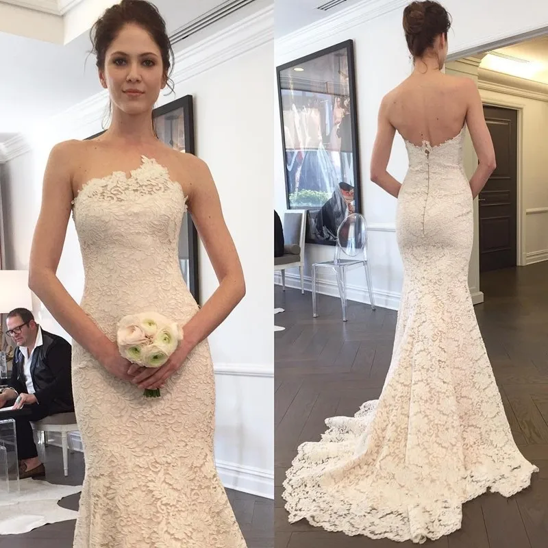 Simple Elegant Strapless Wedding Dress Zipper Back 2019 Vinatge Lace Mermaid Wedding Gown