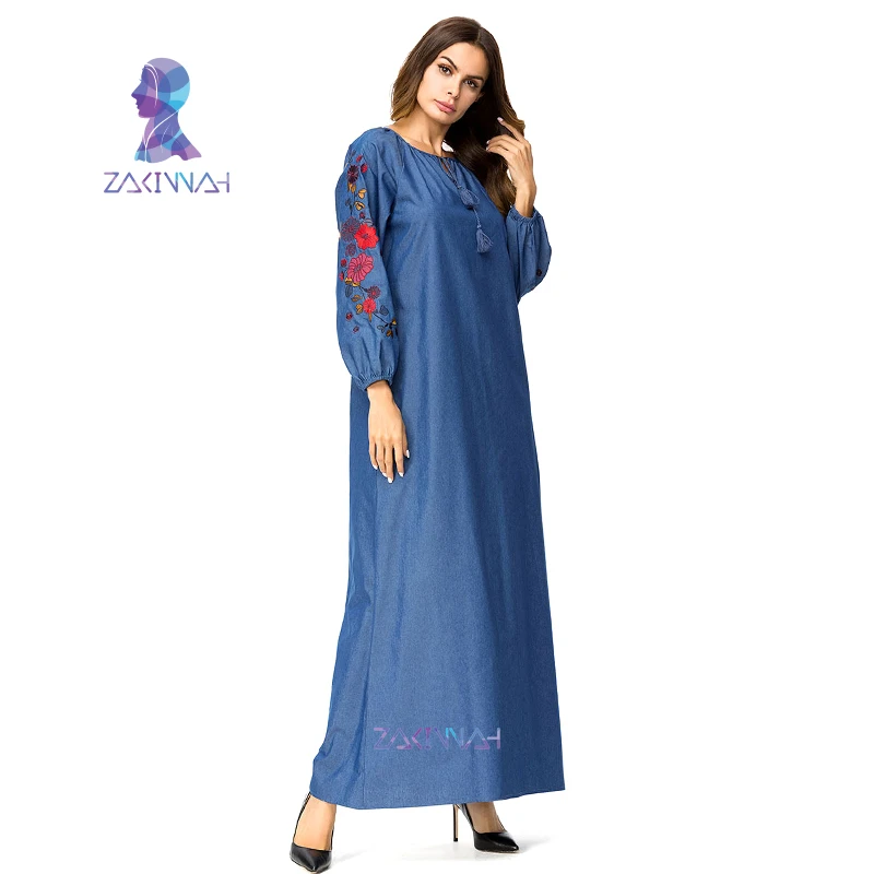 7307 длинные женские платья с вышивкой Abayas синее Макси мусульманское джинсовое