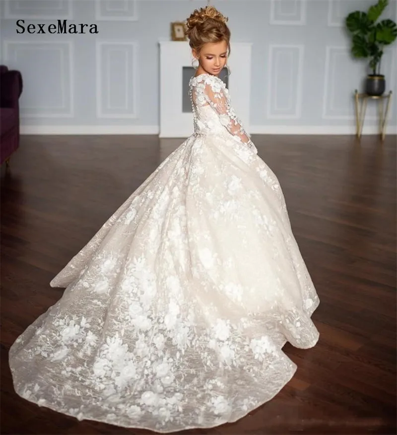 High Quality White/Ivory First Communion Dress For Little Girl Long Sleeve A-Line Kids Wedding Party Pageant Gown Size2-16 | Детская