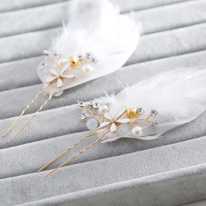 Золотые заколки для волос ручной работы перо кристалл жемчуг цветок свадебные