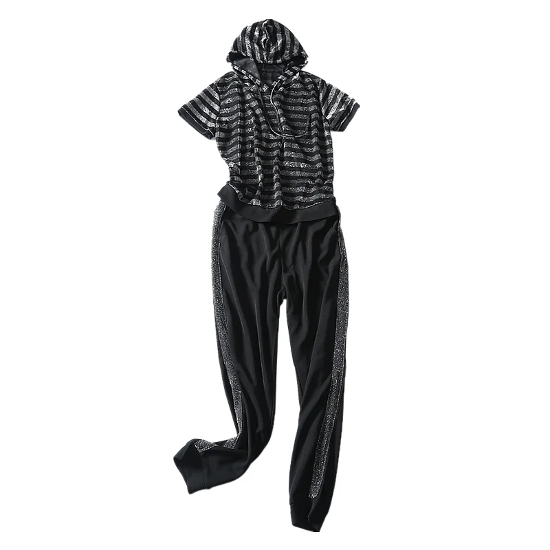 2019 New Summer Short Sleeve Casual Pullover Hooded Collar Elastic Waist Fashion Striped Length Women Set | Женская одежда