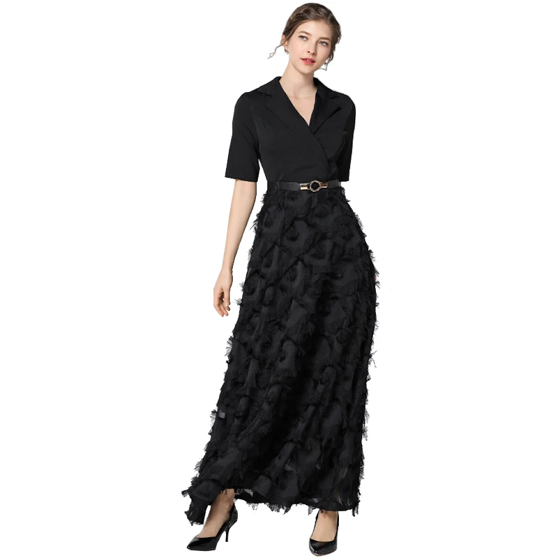 Trytree летнее платье элегантное с перьями черное белое однотонное женское поясом