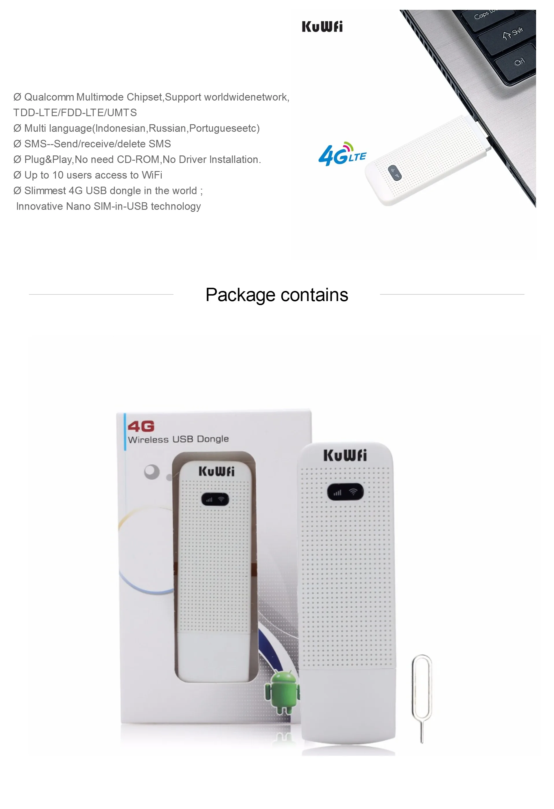 KuWfi разблокированный 4G wifi роутер USB беспроводной wifi модем LTE Беспроводная USB Сетевая точка доступа ключ с слотом для sim-карты