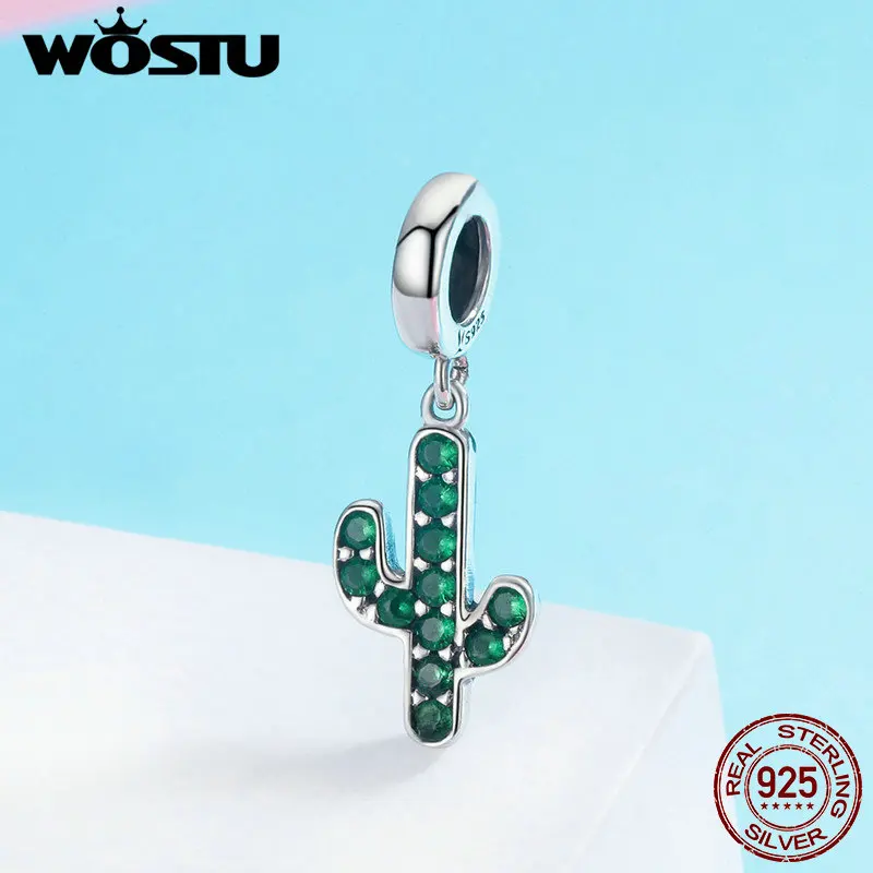 WOSTU,, 925 пробы, серебряный, сильный кактус, сверкающий зеленый CZ кулон, висячий, подходит для женщин, браслет, сделай сам, ювелирное изделие CQC515